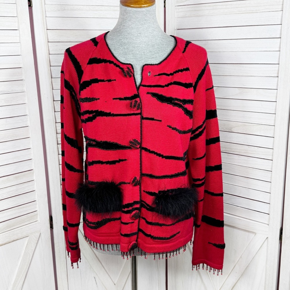 Vintage 90s Berek Beaded Tiger Stripe Cardigan Sweater Red‎ Black Medium